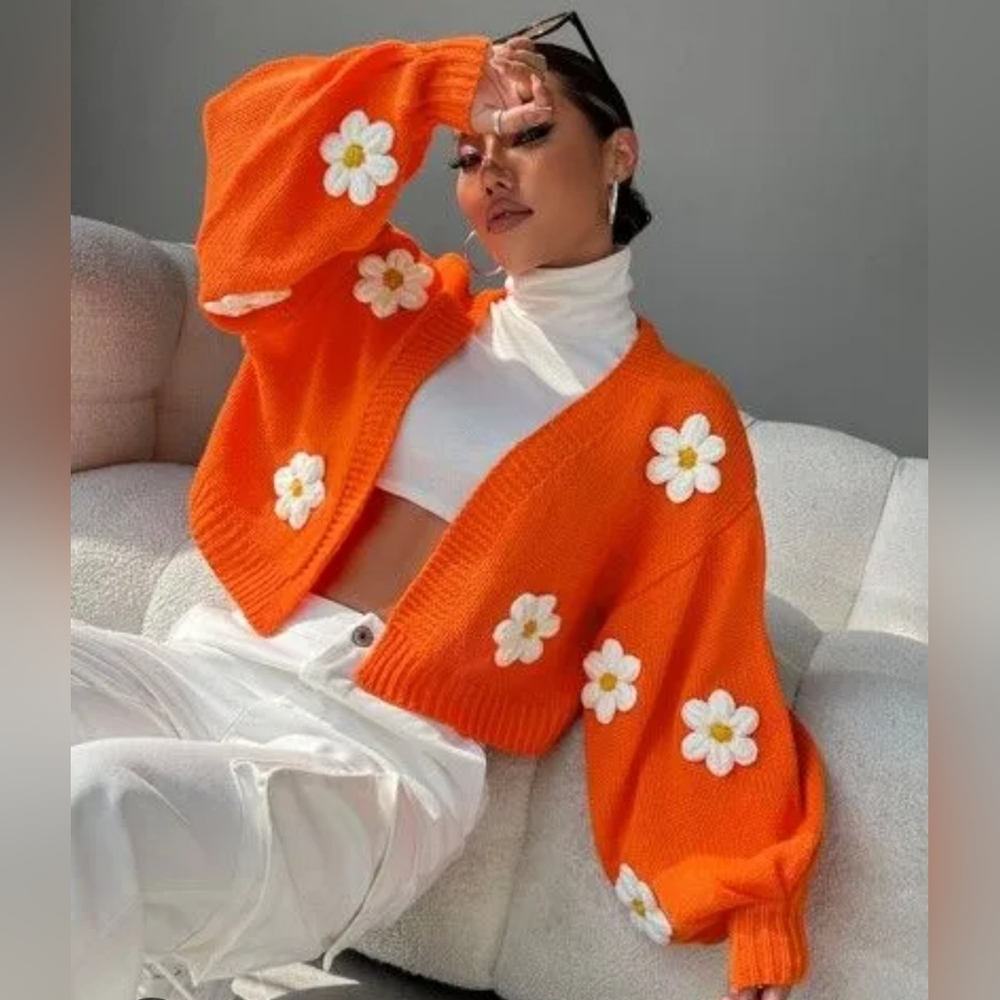 Shein 3D Floral Applique Bishop Sleeve Crochet Cardigan Sz-M